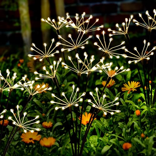 Kwaiffeo Solar Garden Lights 120 LED Decorative Firework Lights 2-Pack Warm | Fairy Garden Decor, 2 Modes Waterproof Outdoor Solar Lights for Yard Pathway Flowerbed Planter Balcony, Gifts for Mom Women - color: Warm White, size: 2pack