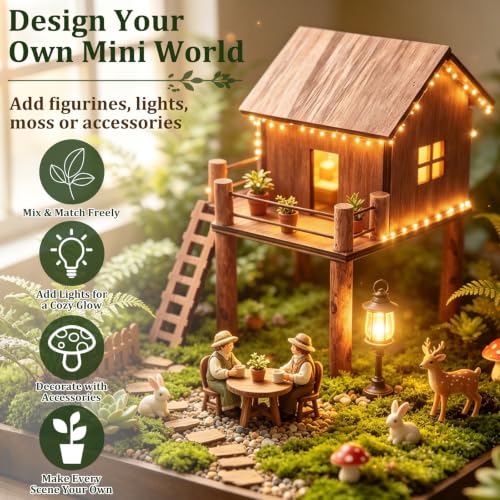 Timberwood Mini Treehouse for Indoor Plant Pots, Fairy Gardens | Whimsical woodland décor for planters, moss gardens, terrariums & desktop décor, charming gift for plant lovers & gardeners - style: Timberwood