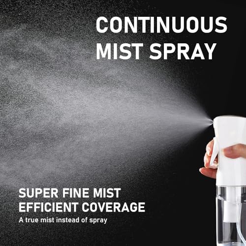 Continuous Spray Bottle for Hair, Refillable Gentle Mister (2 Pack, 10 Oz) | Long-Lasting Misting, Ultra-Fine Mist for Hairstyling, Cleaning Solutions, Planting, Pets, Barbers, Salons, Essential Oils - style: White & Black, 10 OZ