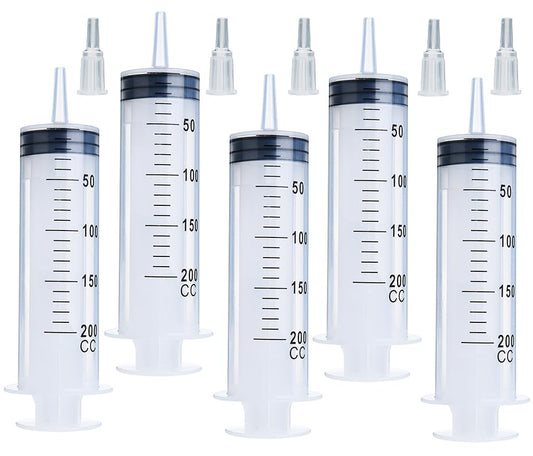 5 Pack 200ml Syringe with Cap, Individually Sterile Sealed Large Plastic Syringes for Scientific Labs, Liquid Measuring, Pet Feeding, Oil Transfer, Glue Dispensing and Plant Care - size: 200 ml
