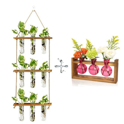 XXXFLOWER Wall Hanging Propagation Station with Wooden Stand Glass Test Tubes+3 Bulb Glass Propagation Station