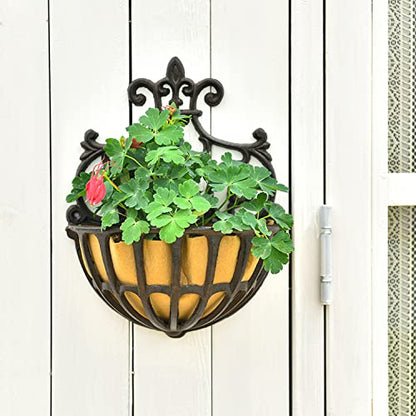 Sungmor 2PC Small Cast Iron Baskets, Heavy-Duty Wall Hanging Hollow Planter w/Fabric Liner, Antique Victoria Half Round Wall Pot Plants Holder, Outdoor Railing Fence Balcony Hanging Basket Flower Pot | Antique Victoria Half Round Wall Pot Plants Holder, O