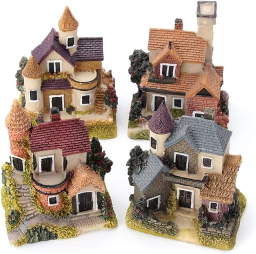 Resin Miniature House 4PCS Miniature House Fairy Gardening Micro Landscape Village Stone House Bonsai Terrarium Crafts Ornaments Accessories Home Decoration (A) - size: A