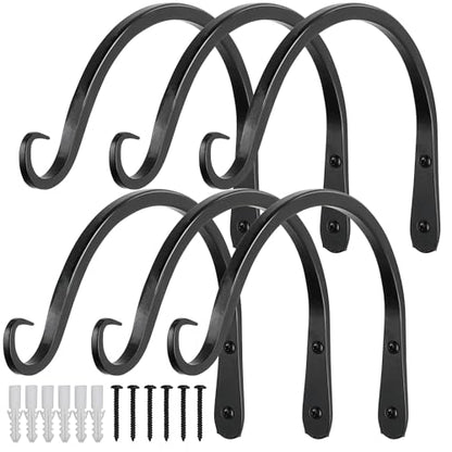 Worth Garden 6-Pack 8" Plant Hanger Bracket - Hand-Forged Wrought Iron Powder-Coated Heavy Duty Wall Hooks - Black Curved Plant Hanging Hooks for Bird Feeders, Flower Baskets, Indoor & Outdoor Use - size: 8" Length