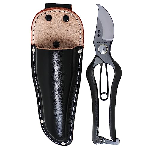 KAKURI Japanese Pruning Shears for Gardening Heavy Duty 8", Made in JAPAN, Professional Garden Bypass Pruners with Leather Sheath, Hand Forged Japanese Carbon Steel, Black