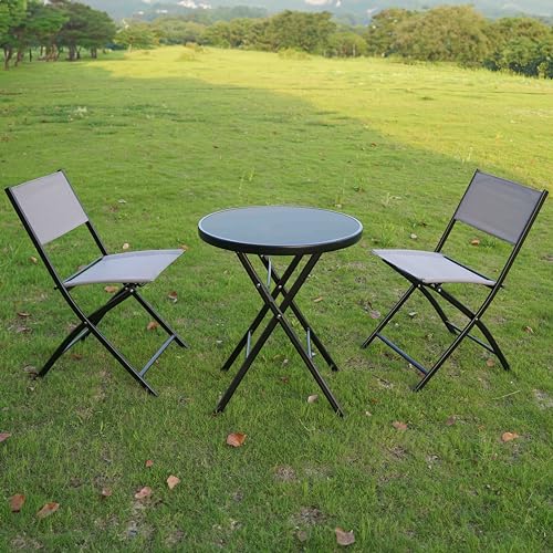 BTEXPERT 3-Piece Patio Bistro Dining Furniture Set Portable Folding Picnic Table Two Chairs Outdoor Foldable Gray for Backyard Porch Party RV Event Camping Commercial Grade Tempered Glass No Assembly