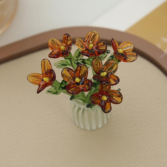 8PCS Cute Mini Glass Flowers and Vase Decoration Hand-Blown Glass Daisy Flower Bouquet Mini Vase Set for Home Party DIY Crafts Wedding Mother’s Day Birthday Gift (Brown) - color: Brown