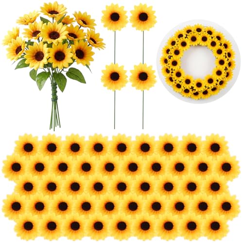 Wavwavw 50pcs Artificial Sunflower Heads with Stems, 2.76 in Fake Sunflower - size: 2.76 Inch