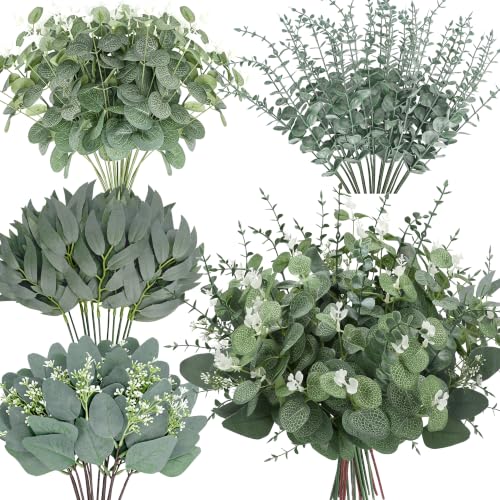 Palonu 150 Pcs 4 Kinds Mixed Artificial Eucalyptus Leaves Stems Bulk Fake Silver Dollar Eucalyptus Bundle Faux Plants Greenery for DIY Bouquets Floral Arrangement Wedding Engagement Party Decor - color: Light Green