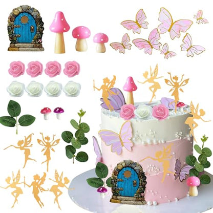 Fairy Cake Toppers Fairy Butterfly Cake Decorations Pink Mushroom Door Flowers Cake Decorations for Birthday Baby Shower Party Supplies