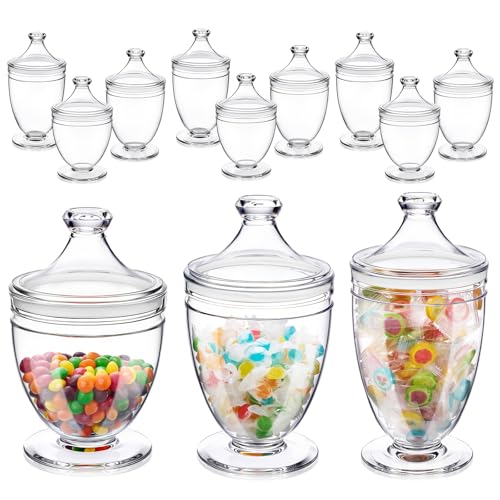 Mimorou 12 Pieces Plastic Apothecary Jars Bulk with Lid Candy Buffet Containers Set 3 Sizes for Wedding Reception Grand Event Birthday Party Supplies Bathroom Kitchen, Shatter-proof