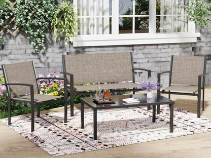 Greesum 4 Pieces Patio Furniture Set, Outdoor Conversation Sets for Patio, Lawn, Garden, Poolside with A Glass Coffee Table, Brown - color: Brown, style: 4 Pieces