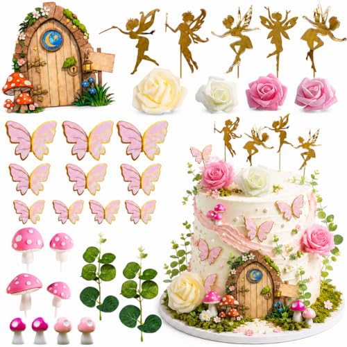 30 PCS Fairy Cake Toppers Fairy Garden Cake Decorations with Gold Fairies | Mushroom Door, Pink Butterfly Toppers, Foam Flowers for Girls Birthday Baby Shower Woodland Party Decor