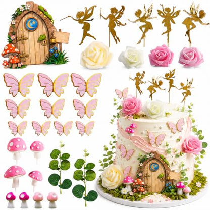 30 PCS Fairy Cake Toppers Fairy Garden Cake Decorations with Gold Fairies | Mushroom Door, Pink Butterfly Toppers, Foam Flowers for Girls Birthday Baby Shower Woodland Party Decor