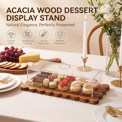 1 Pack Acacia Wood Cake Stand with Lid 16.3" x 7.2" Large Scalloped Rectangular Cake Holder 2-in-1 Charcuterie Board Acacia Wood Dessert Display with Acrylic Cover for Birthday Weddings Party