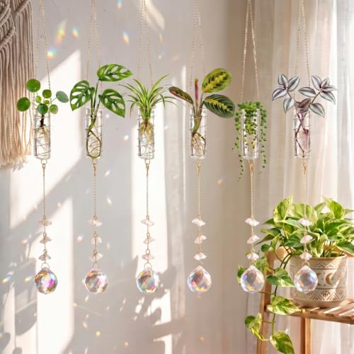 6 Pcs Plant Propagation Station Colorful Crystal Suncatcher, Handmade Boho Rooting Vase, Hanging Window Plant Propagator Stations Suncatcher with Chain Pendant Ornament Balls (Flower) - style: Flower