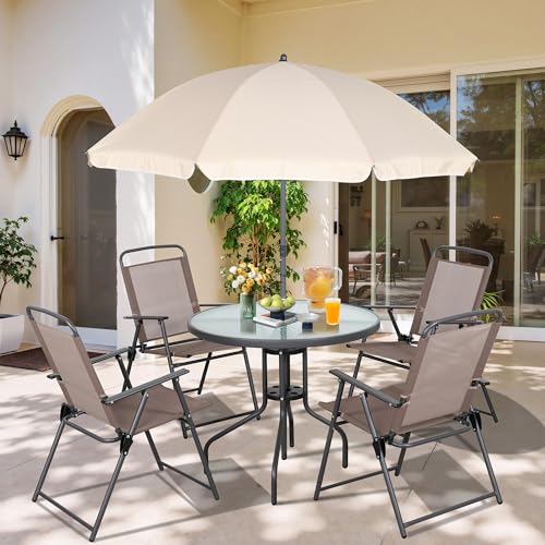 Vongrasig 6 Pieces Folding Patio Dining Set, All Weather Small Metal Outdoor Table and Chairs Set, Patio Furniture Set w/Umbrella, Glass Table & 4 Folding Chairs for Garden, Lawn, Backyard, Brown - color: Brown