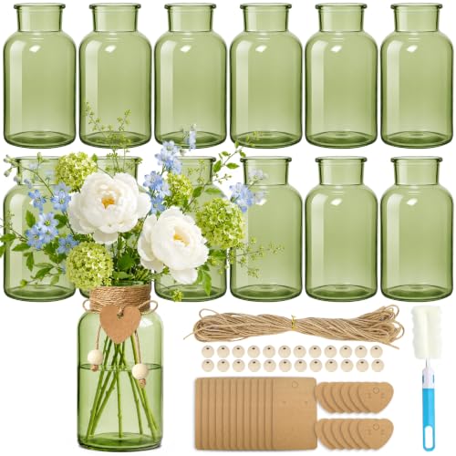 TBWIND Vintage Glass Flower Vase, 12PCS Farmhouse Green Mason Jar Vases - color: Green