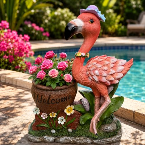 Flamingo Welcome Planter, Freestanding Bird Plant Container, Tropical Greeting Sculpture Lawn Ornament for Entryway and Backyard - Sun Hat - color: Animal Red
