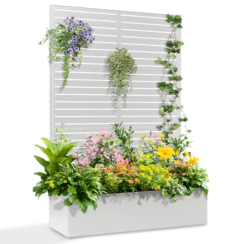 TUYOHW Metal Planter Box with Trellis, Raised Garden Bed with Privacy Screen, Outdoor Planter Box for Climbing Plants, Vine Support Flower Bed with Drainage Holes for Garden, Patio, Balcony - color: White-louvered-47"w, size: 71"x47"x16"