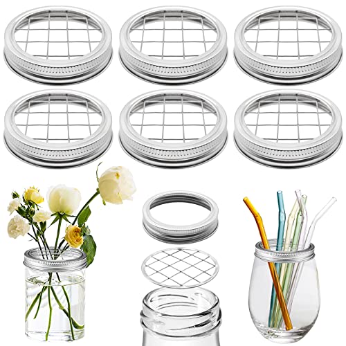 Flower Mason Jar Insert Lid Metal Flower Organizer Frog Lid for Regular Mouth Mason Canning Jars Bouquet Easy Flower Arranging(6 Set Rings and Separate Lids)