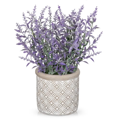 DILATATA Rustic Lavender Flowers Artificial Lavender Decor Fake Lavender Plant in Cement Pot Faux Plants in Pots for Home Bathroom Table Centerpieces Wedding Decor Potted Lavender Flower Purple Decor - size: 14" C.P#1