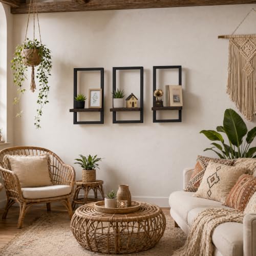 Wall Plant Holder for Indoor Plants, Wooden Wall Planter Shelf, Picture Frame Hanging Plant Shelf, Window Plant Shelves for Succulents, Air Plants & Small Pots, Farmhouse Home Wall Decor, 3 Pack