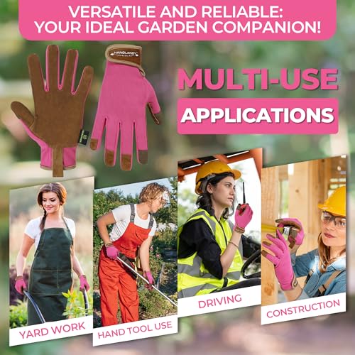 HANDLANDY Gardening Gloves for Women, Leather Garden Glove, Gardener Gift - color: Hot Pink, size: Small (Pack of 1)