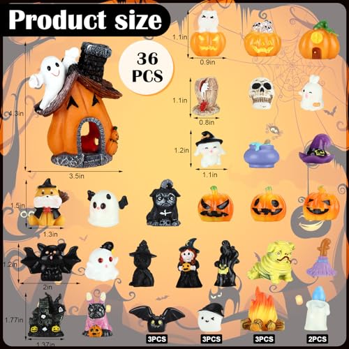 Poen 36 Pcs Halloween Miniature Figurine Resin Halloween Garden Accessories | Pumpkin Ghosts Tombstones, Resin Figurines for Fairy Garden， Mini Ornament Kit， Village Desktop, Table Centerpiece Kit