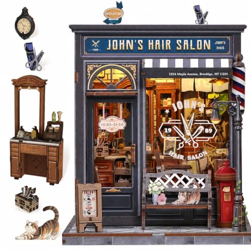 Book Nook Kit, DIY Miniature Dollhouse Kit, Barbershop Booknook Building Kit, 3D Wooden Puzzle for Adults, Tiny House, Decorative Bookshelf Home Decor, Crafts Gifts for Adults (John's Hair Salon) - color: John's Hair Salon