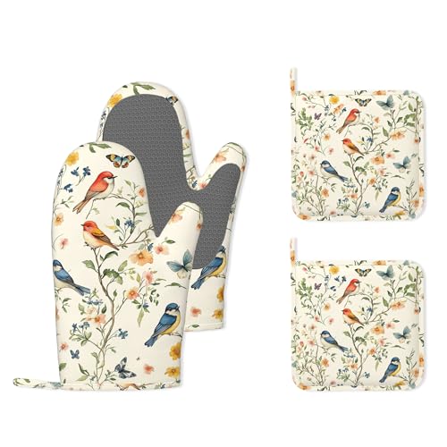 Butterfly Bird Vintage Heat-Resistant Silicone Oven Mitts and Pot Holder 4 Piece Set,Non-Slip Kitchen Oven Gloves for Baking, BBQ, Cooking,Grilling - color: Butterfly Bird Vintage