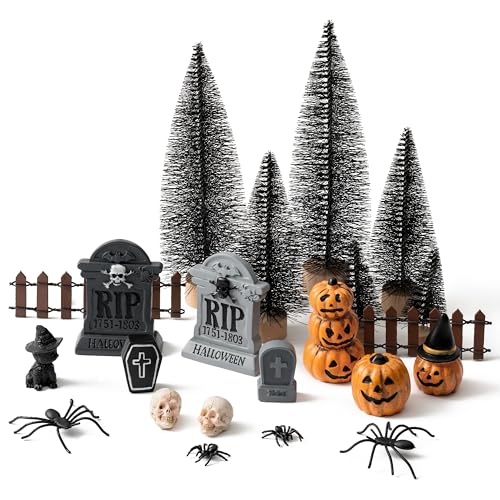 Halloween Village Ornaments Accessories, Garden Resin Miniature Set | Pumpkin Skeleton Spider Pine Trees, Micro landscape Garden Dollhouse Halloween Party Indoor Outdoor Decor Gothic Decoration