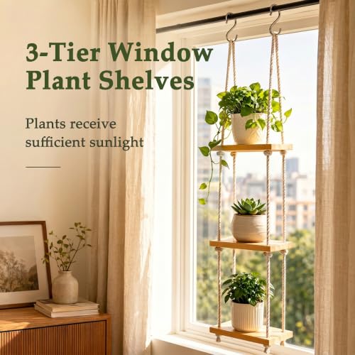 Window Plant Shelves, 3-Tier Window Shelf for Plants, Hanging Plant Shelf for Windows, Painted Wood Window Sill Shelf for Plants, Macrame Plant Hanger, Boho Decor for Living Room Bedroom Wall