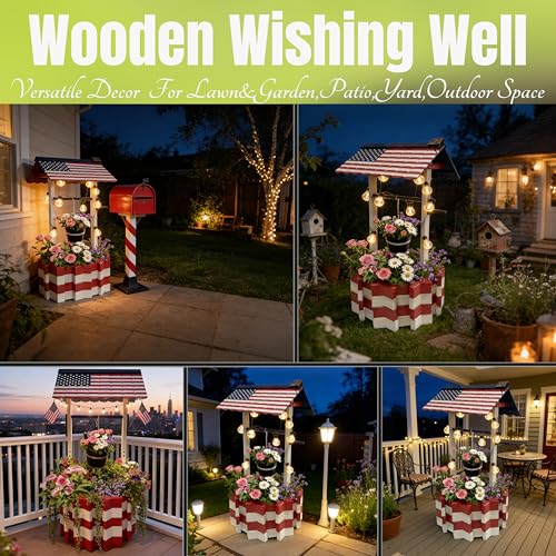 NestNature Large Americana Wooden Wishing Well Planter with Solar Lights - color: Patriotic Color&light, size: 21.75"x21.75"x47.85"