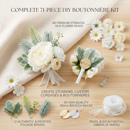 48 White Artificial Flowers, 12 Leaves, 1 Roll White Ribbon 4cm 50Yards, 10 Brooch Pins, DIY Floral Arrangement Set for Wedding Reception, Party, Graduation, Holiday Celebration - color: White