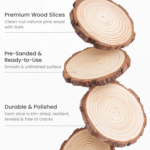 ARTEZA Natural Wood Slices, 3.5-4 Inch Diameter, Set of 25, Brown Round Pine Wood Discs with Bark for Crafts, Christmas Ornaments, Centerpieces - size: M