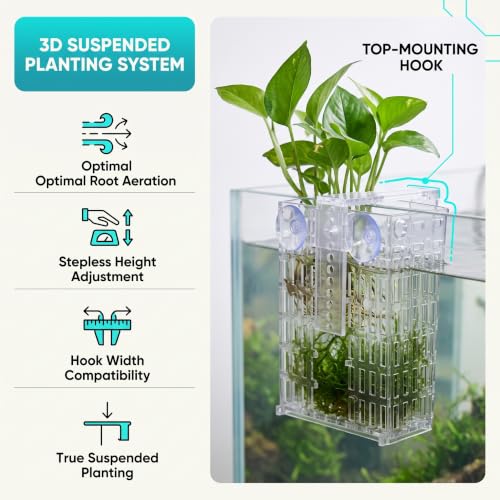 Fish Tank Plant Holder Adjustable Hook Top Hanging Aquarium Plant Pot | 4 Pack Aquaponic Cultivation Basket with Suction Cups, Height & Width Adjustable, for Pothos Swords Aquatic Plants