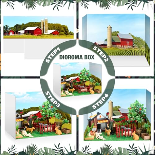 Soulchen 58 Pcs Diorama Kit Farm Diorama Box Supplies Include Animals Figures Model House Fruit Trees Vegetable Gardens Ponds Animal Pens Farm Vehicles Tillage Equipment for Birthday Gift Crafts - style: Farm Animal