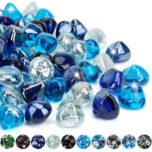 Mr. Fireglass 10 Pounds 1 Inch Reflective Blended Diamond Fire Glass - color: Cobalt Blue++crystal Ice+caribbean Blue, size: 1 inch, 10 Pounds
