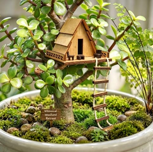 Nookwood Mini Wooden Cottage with Rope Ladder for Indoor Plant Pot | Mini A-Frame cottage decor with long rope ladder for moss gardens, terrarium, desktop decor, charming gift for plant lovers - style: Nookwood