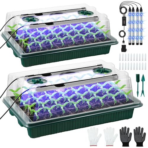 2 Pack Seed Starter Tray with Grow Light, 80 Cell Indoor Greenhouse Seed Starting Set with Humidity Dome, 360° Full Spectrum LED, Smart Timer, 5 Brightness Levels for Germination