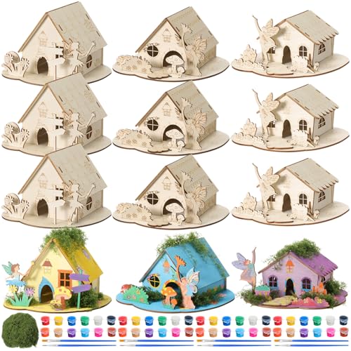DoubleFill Wooden Fairy House Craft Kit with Paints, 12 Sets, Lovely Short - style: Lovely Short