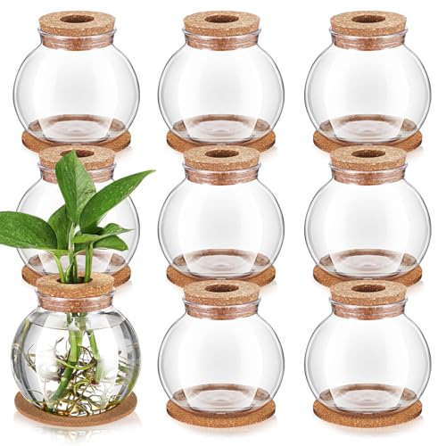 Baderke 9 Packs Propagation Vases for Plants Plastic Plant Propagation Station with Hole Lid and Cork Coasters Plant Growing in Water Hydroponic Home Office Table Decoration(Fish Bowl Style)