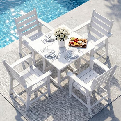 5 Piece Patio Dining Set, HDPE All-Weather Furniture,White | Waterproof 4 Chairs with Armchair Seat & 1 Square Table, Natural Wood Look for Backyard, Garden, Patio - color: White, size: Square 5-Piece Dining Set