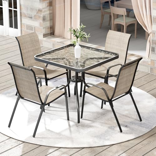 Arlopu 5 Pieces Outdoor Patio Dining Set, Glass Table and Textilene Chair | Stackable Chairs for Saving Space, 30"X30" Table with Metal Frame, 1.69" Umbrella Hole, All Weather for Backyard, Poolside - color: Brown