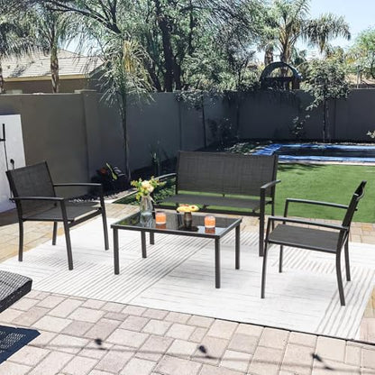 Greesum 4 Pieces Patio Furniture Set Outdoor Conversation Textilene Fabric Chairs for Lawn, Garden, Balcony, Poolside with A Glass Coffee Table, Black - color: Black, style: 4 Pieces