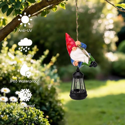 Solar Hanging Gnome Garden Statues Funny Climbing Gnome with LED Lantern - color: Red Hat Hanging Gnome
