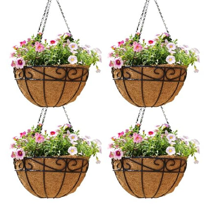10 inch Metal Hanging Baskets For Plants Outdoor 4 Pack Round Metal Wire Hanging Basket Planter with Coco Fiber Liners Chain Round Wire Plant Holder for Garden, Patio, Deck, Porch Plants Flower Potsss - size: 10 Inch, style: Flower Border