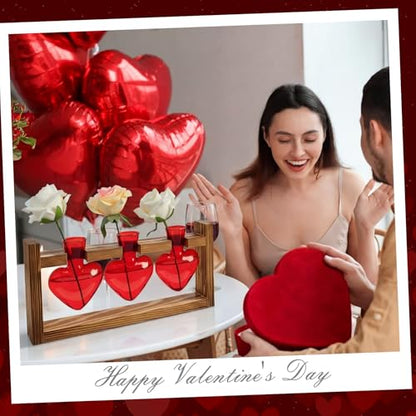Remerry Red Heart Plant Terrarium with Wooden Stand 3 Heart Glass Vases Planter, Tabletop Propagation Hydroponics Station, Mother's Day Plant Lovers Gift - color: Red, size: 3 Heart Vases, style: Red Heart