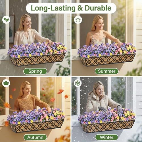 Y&M 36 Inch Window Deck Planter with Coco Liner, Metal Hanging Flower Boxes for Fence, Railing, Balcony, and Outdoor Garden Lawn – 4pcs - color: Flower 36in 4p